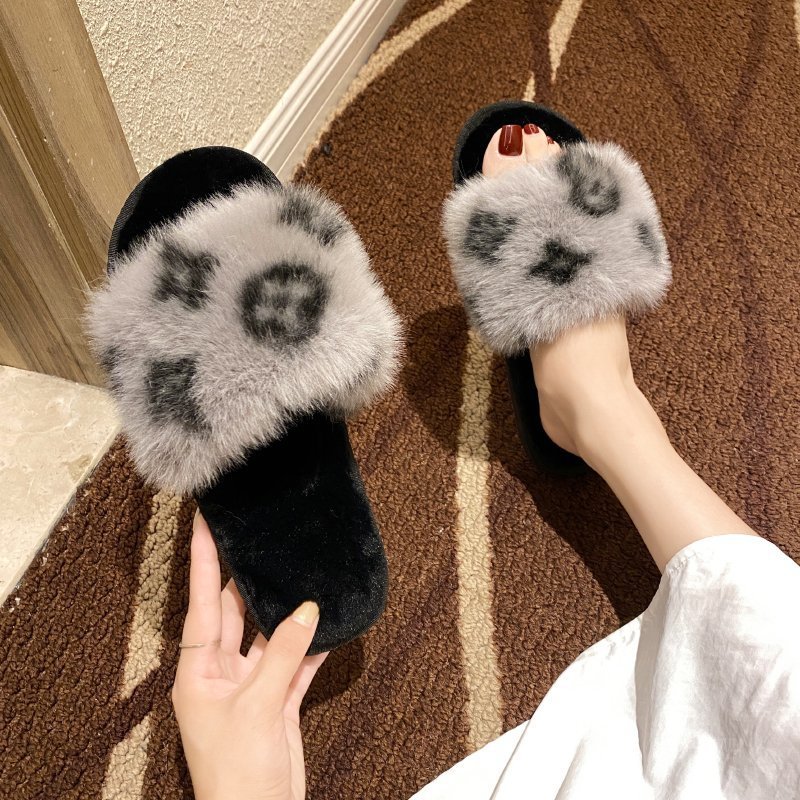 Leopard-print fur slippers women's autumn outer wear one-word drag fur women's shoes sandals non-slip PVC half drag