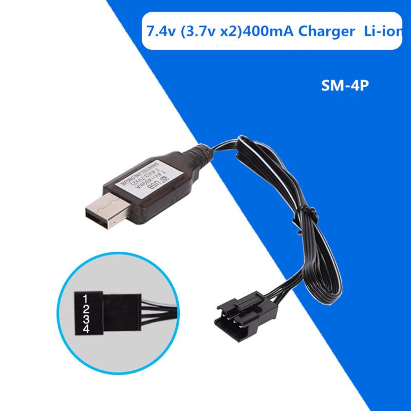 1Pc 7.4v (3.7v x2) Charger SM-4P Li-ion battery Electric RC Toys car boat USB Charge Cable Black one size