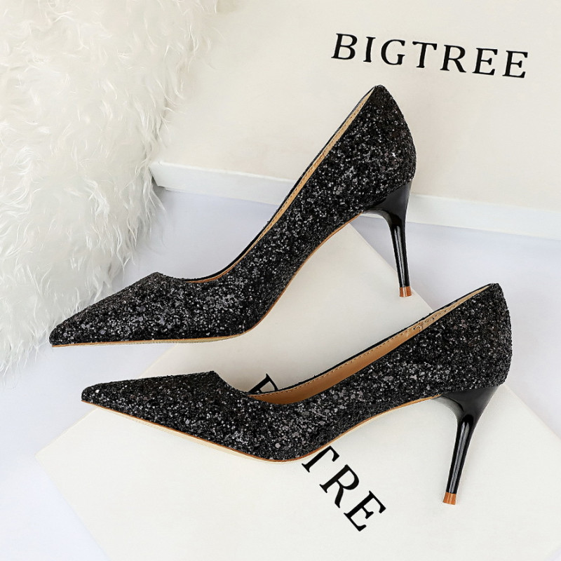 9219-A1 European and American Style Sexy Nightclub Slim High Heels Women's Shoes Thin Heels High Heels Fashion Shining Sequin Si