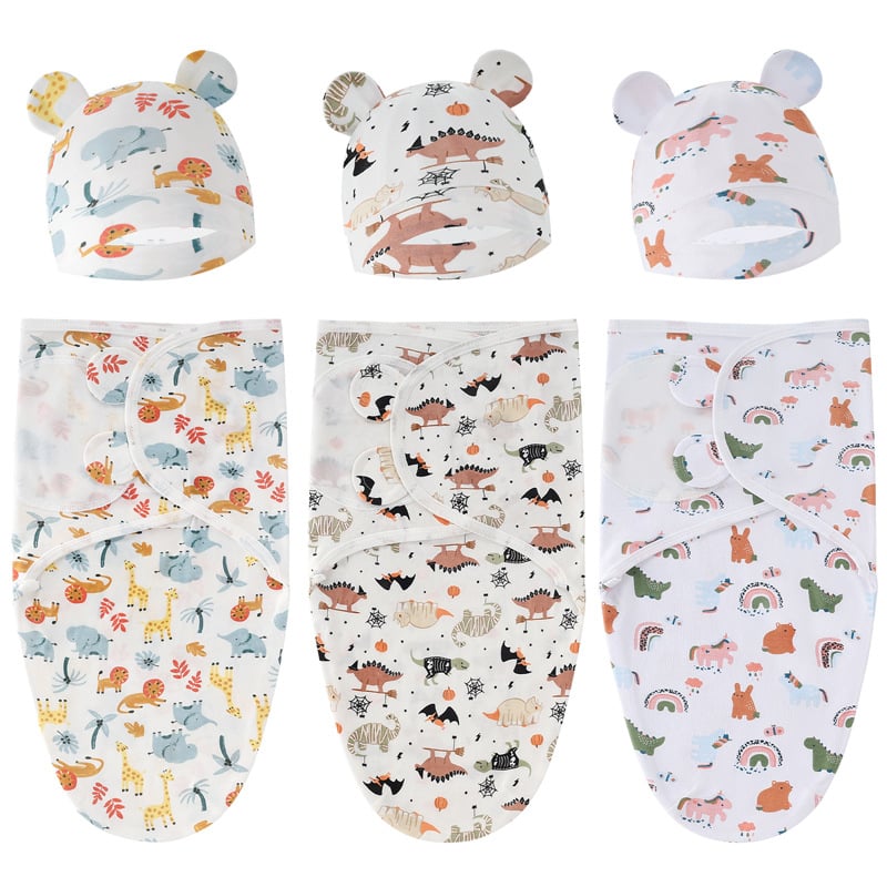 Newborn Essentials: Cotton Baby Swaddle Set with Adjustable Hat - All Seasons 0-12 Months Embroied Name