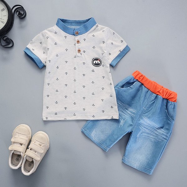Ones boys summer short-sleeved anchor print polo shirts shorts clothing set kids baby cotton suit
