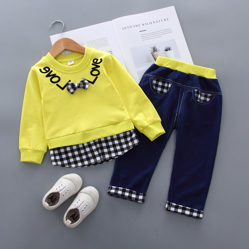 Kids Autumn New Korean Style Fake-two Long Sleeved Top Pants Girls Suit Children's Clothes
