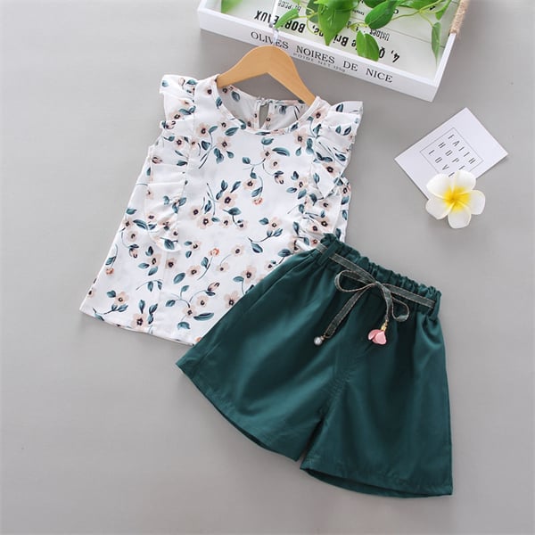 Summer Casual Children kids Sets Set Girls Clothes Clothing Chiffon Sleeveless T-Shirts t shirt Shorts Trousers Outfits