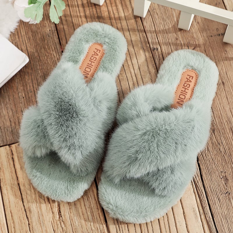 Women's Cross Strap Flat Fuzzy Slippers Solid Color Open Toe Warm Comfy Slides Shoes Indoor Cozy Shoes