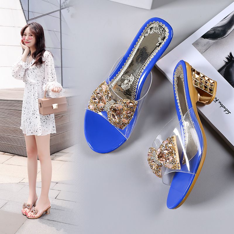 New women's thick and transparent rhinestone bow, mid heel sandals