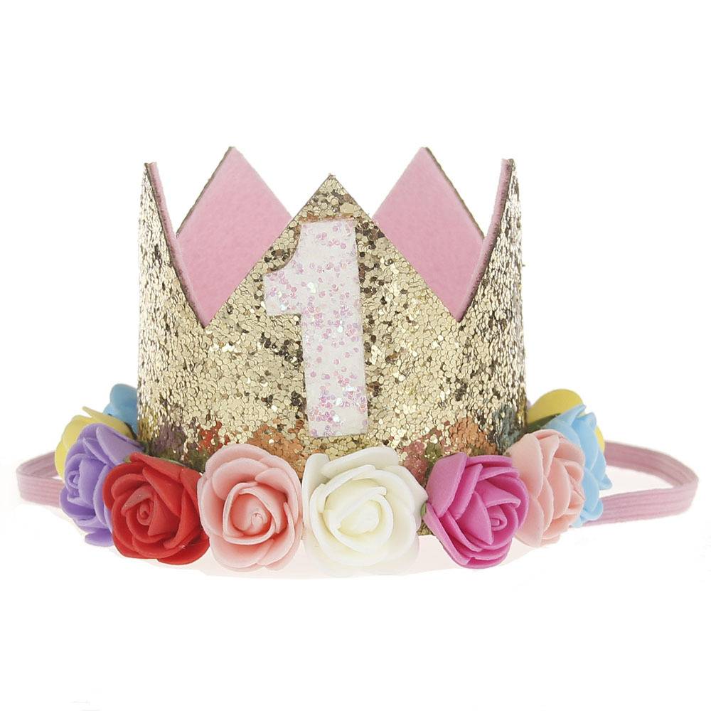 Baby Girl First Birthday Party Hat Decorations Hairband Princess Queen Crown Lace Hair Band Elastic Head Wear Hat Gifts For Kids