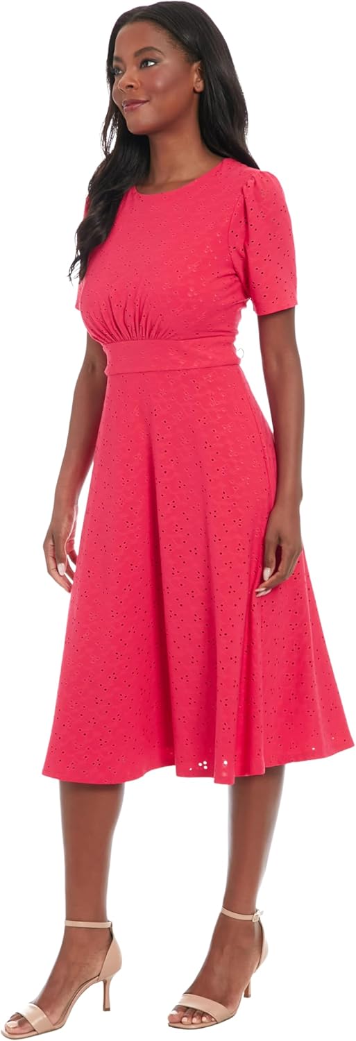 London Times Women's Women's Eyelet Midi A-line Dress with Puff Sleeves - Gathered Waist Empire Cut - Wedding Guest Dress