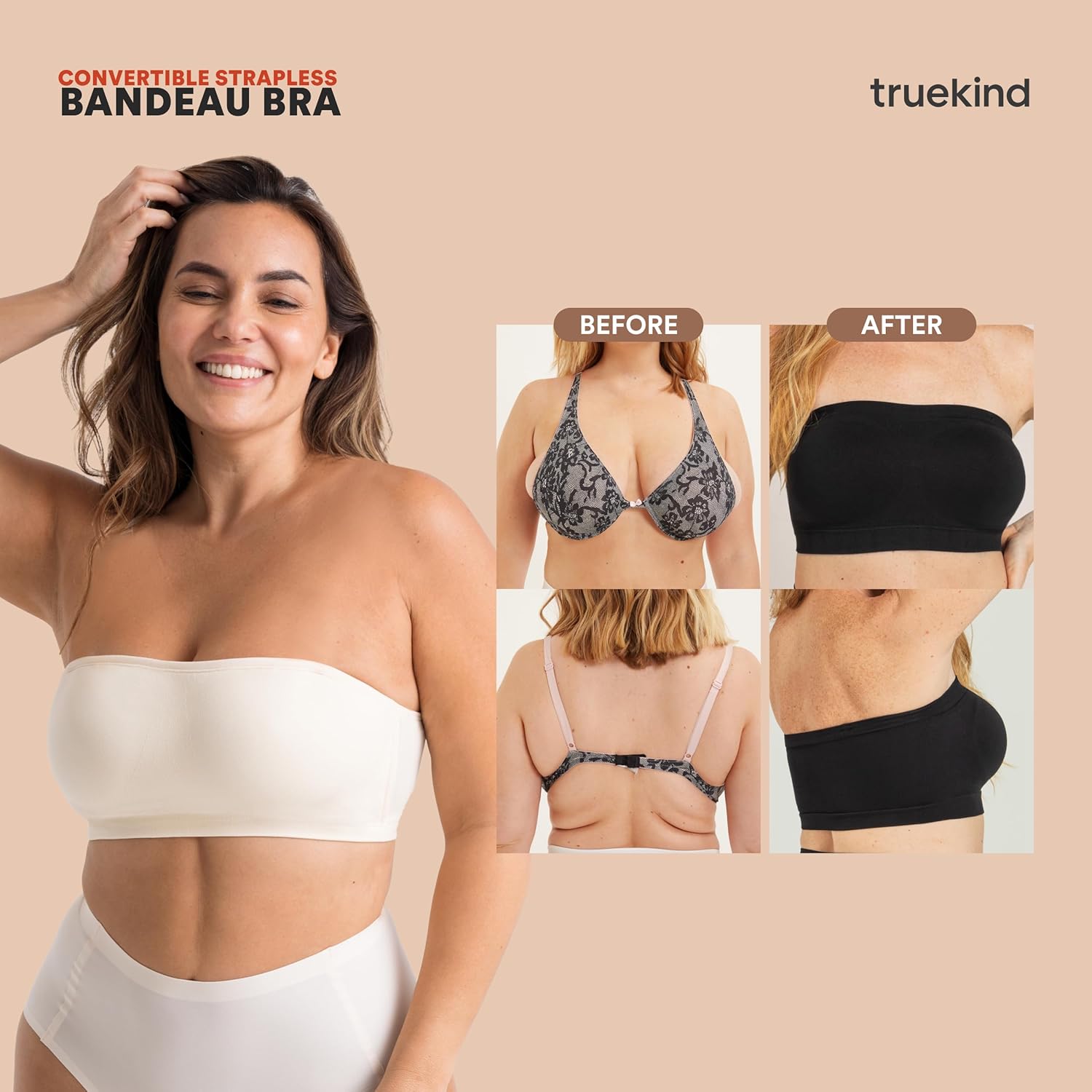 Truekind Wireless Strapless Bra, Bandeau Bra, Small to Plus Size Strapless Bras for Women, Tube Top