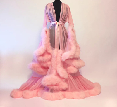 Luxury Sexy Lace Night Robe Women Kimono Night Maxi Dress Gown Mesh Long Sleeve Fur Babydoll Party Sleepwear Nightgrown Robes