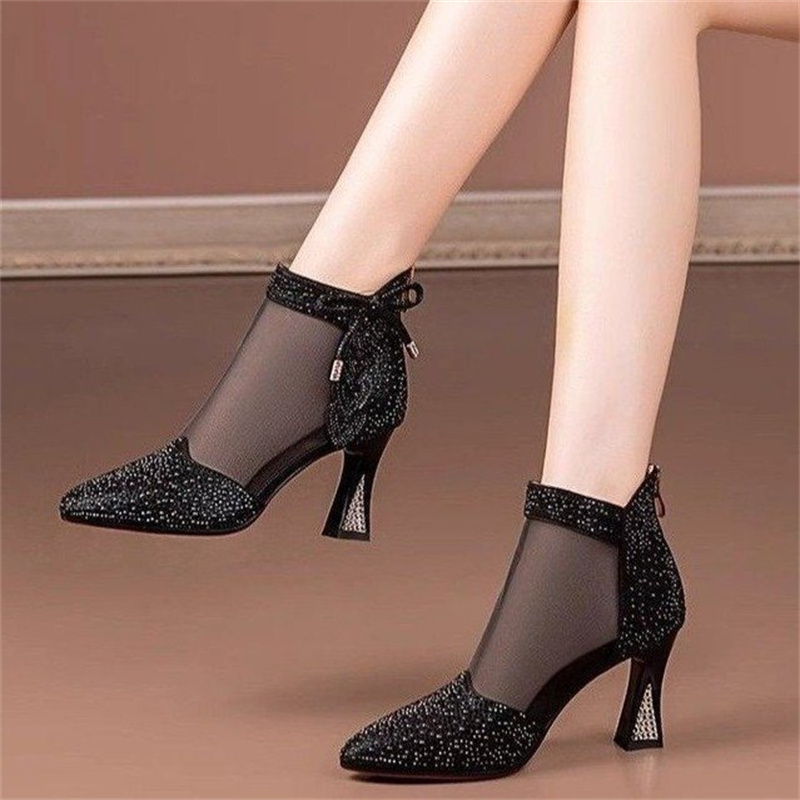 Summer Womens Glamorous Rhinestone Glitter Boots Trendy Hollow Out Chunky Heels Point Toe Shoes