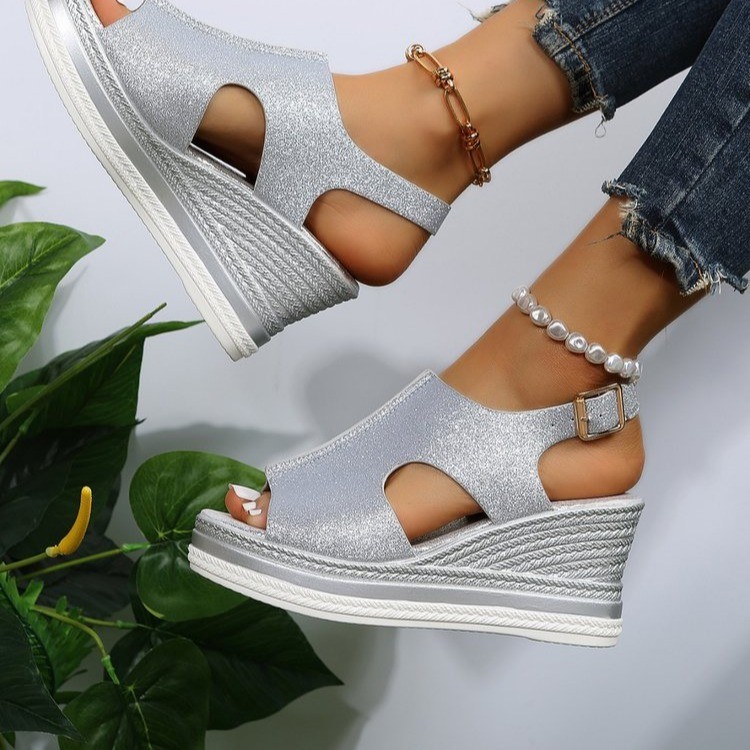 Belt buckle women's slope heel sandals large size medium heel muffin thick sole hollowed out fish mouth women's sandals