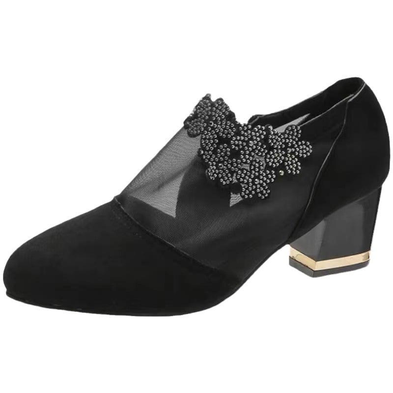 Fashion Women Shoes Sexy Black Hollow Mesh Pointed Heels Elegant Flower Shaped Rhinestone Ornament Footwear