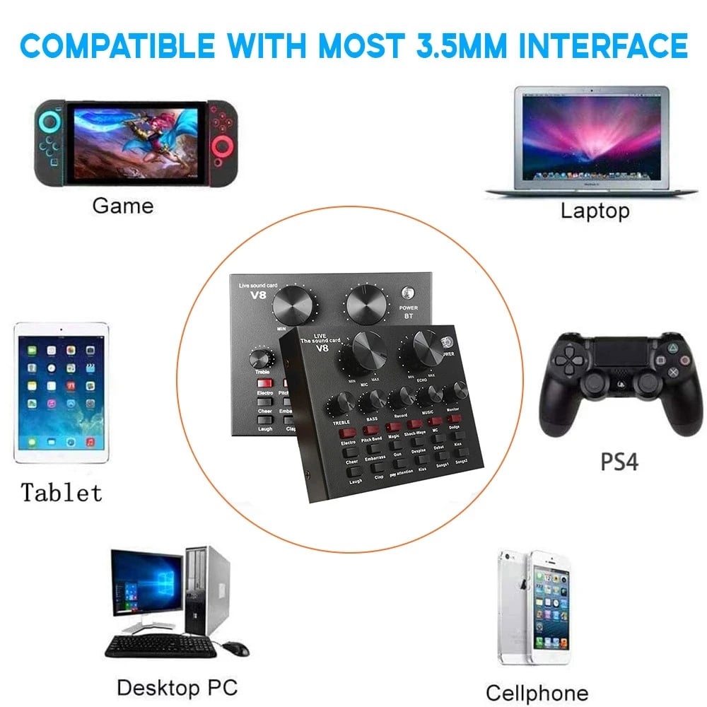 V8 Audio USB External Sound Card Headset Microphone Webcast Personal Entertainment Streamer Live Broadcast for PC Phone Computer