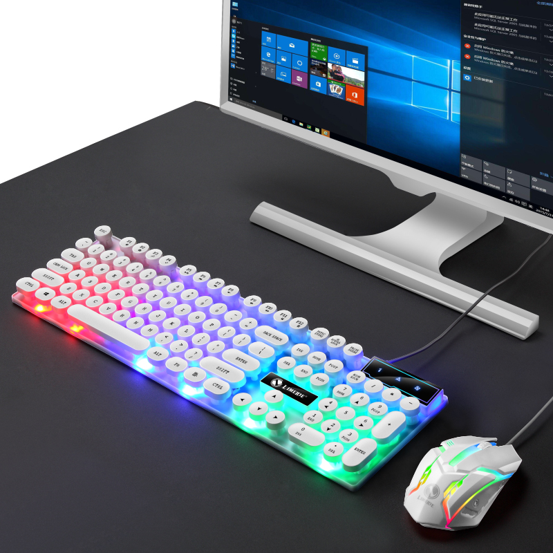 GTX300 Typewriter Keyboard and Mouse Set Punk Retro Keyboard Backlit Game USB Wired Keyboard and Mouse Set for PC Desktops