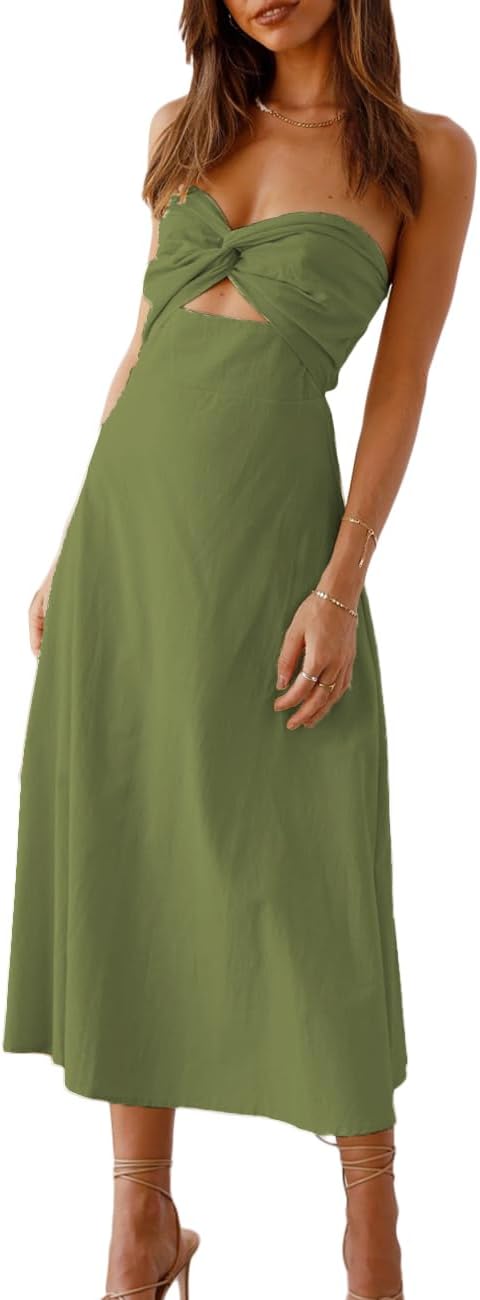 Sexy Twist Front Strapless Sweetheart Neckline Midi Dresses for Women Smocked Cutout Tube Linen Dress Wedding Guest