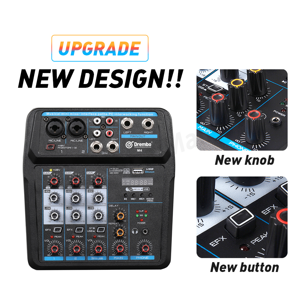 Drembo M-4/6 Protable Mini Mixer Audio DJ Console with Sound Card, USB,48V Phantom Power for PC Recording Singing Webcast Party