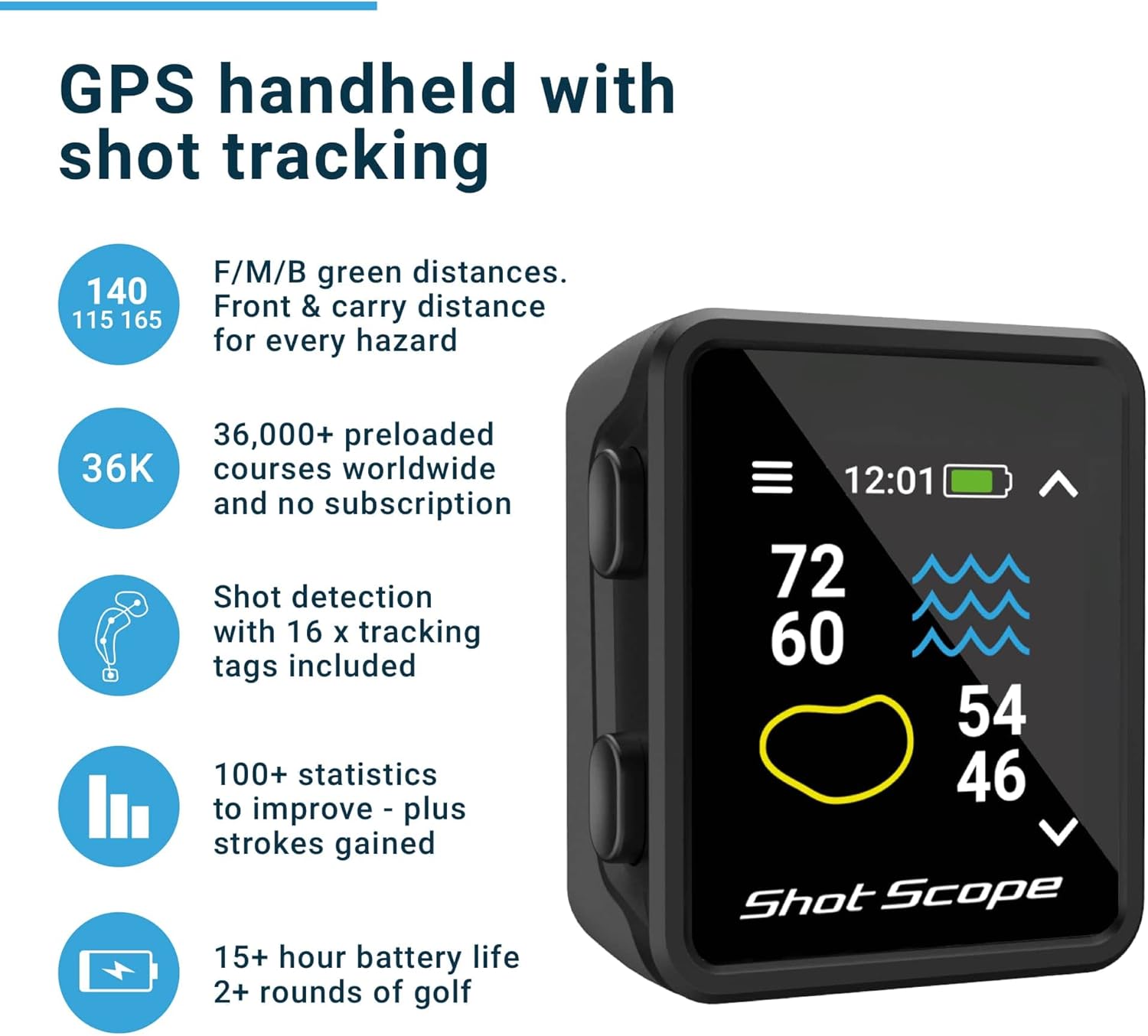 Shot Scope H4 GPS Handheld with Shot Tracking - F/M/B Green and Hazard Distances - 36,000+ pre-Loaded Courses - 100+ Statistics Including Strokes Gain