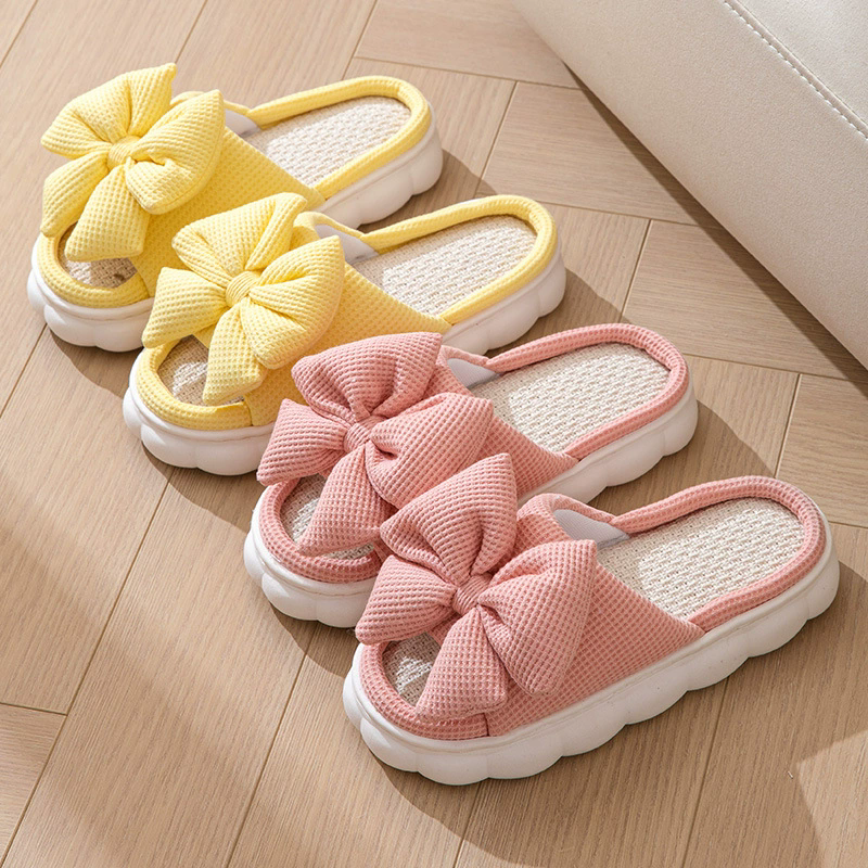 Comfortable Linen Slippers Soft and Lightweight Cotton Slippers Cute Bowknot Flat Slipper Couples Slides Home Shoes for Women