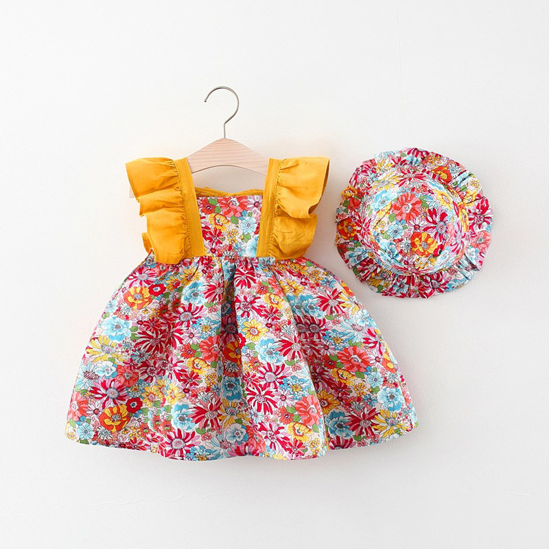 Summer New Fragmented Flower Flying Sleeve Dress Girls' Flying Sleeve Skirt Comes with the Same Hat as a Gift
