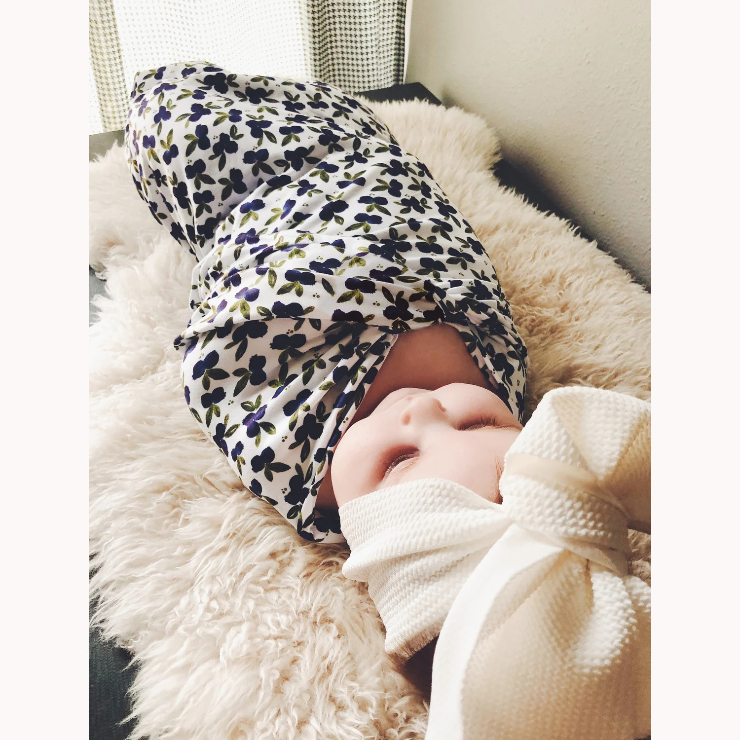 Baby scarf, newborn swaddling cloth, fetal cap and headband, three piece anti shock printed elastic wrap