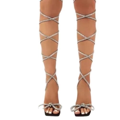 women summer new large size women's shoes Roman Feng rhinestone straps bow wine glass with high heel sandals women 35-43