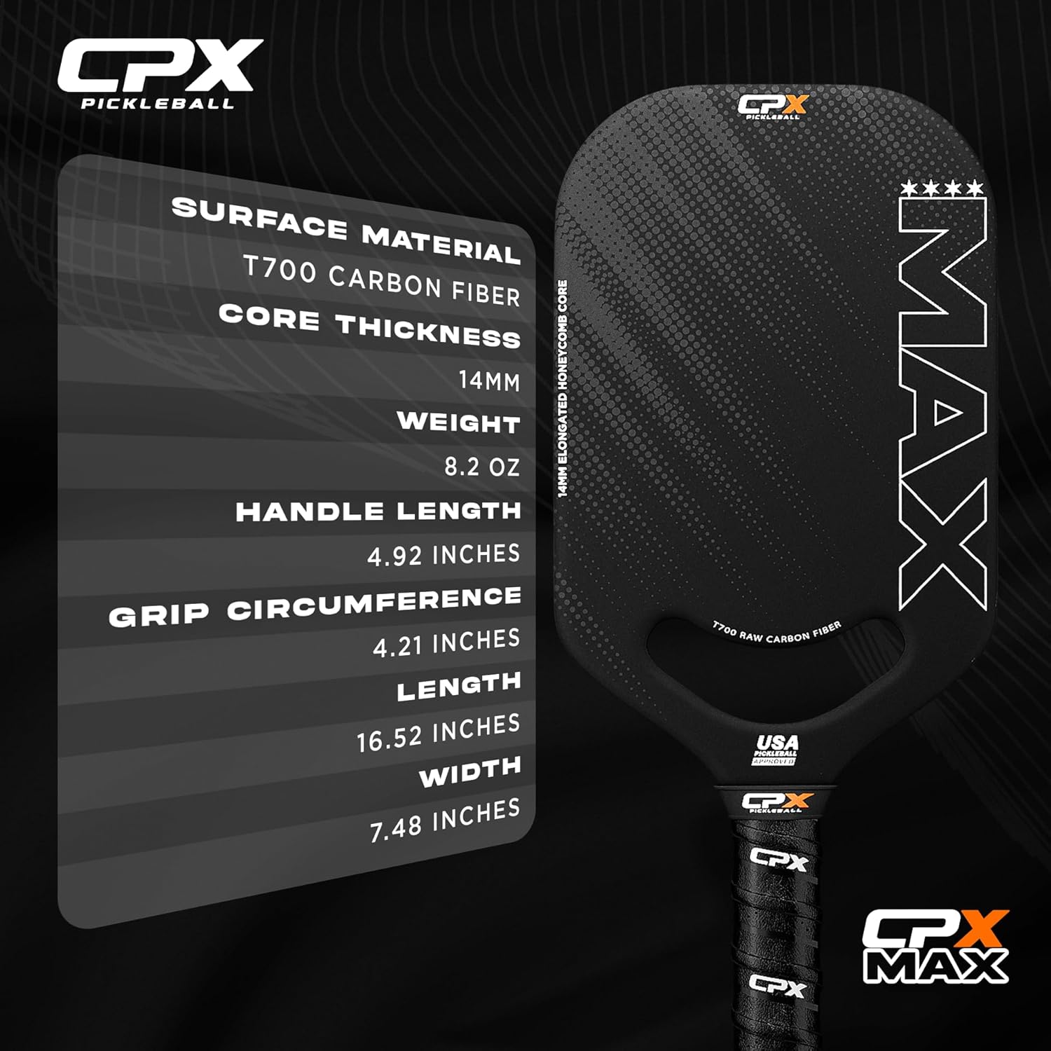 CPX MAX Raw Carbon Fiber T700 Pickleball Elongated Paddle Racket - Professional Grade