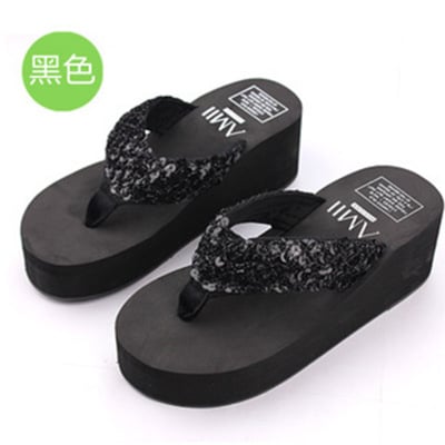 New slippers female slippers wedges platform elevator slip-resistant paillette beach flip flops Plus size 36-40