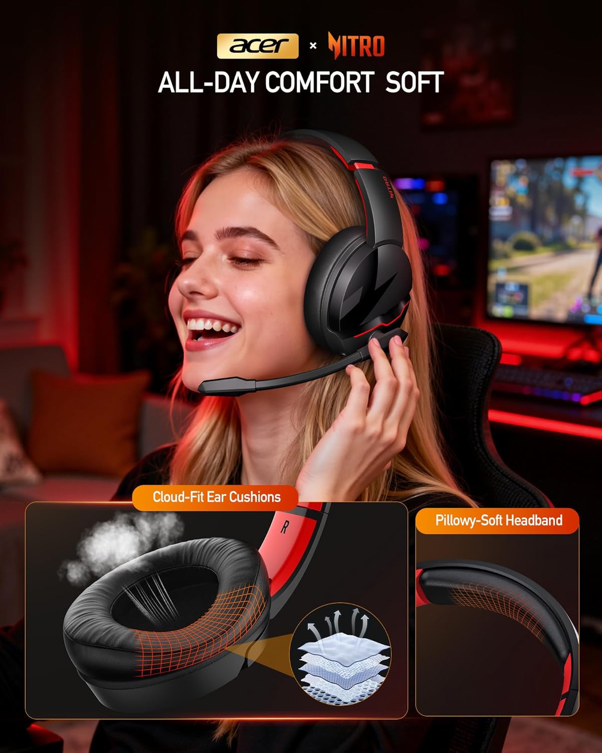 acer Wireless Gaming Headset, PS5 Headset with 2.4GHz for Ps5, Ps4, PC, Switch, Bluetooth 5.3 + 100Hrs Gaming Headphones with Noise Canceling Mic for