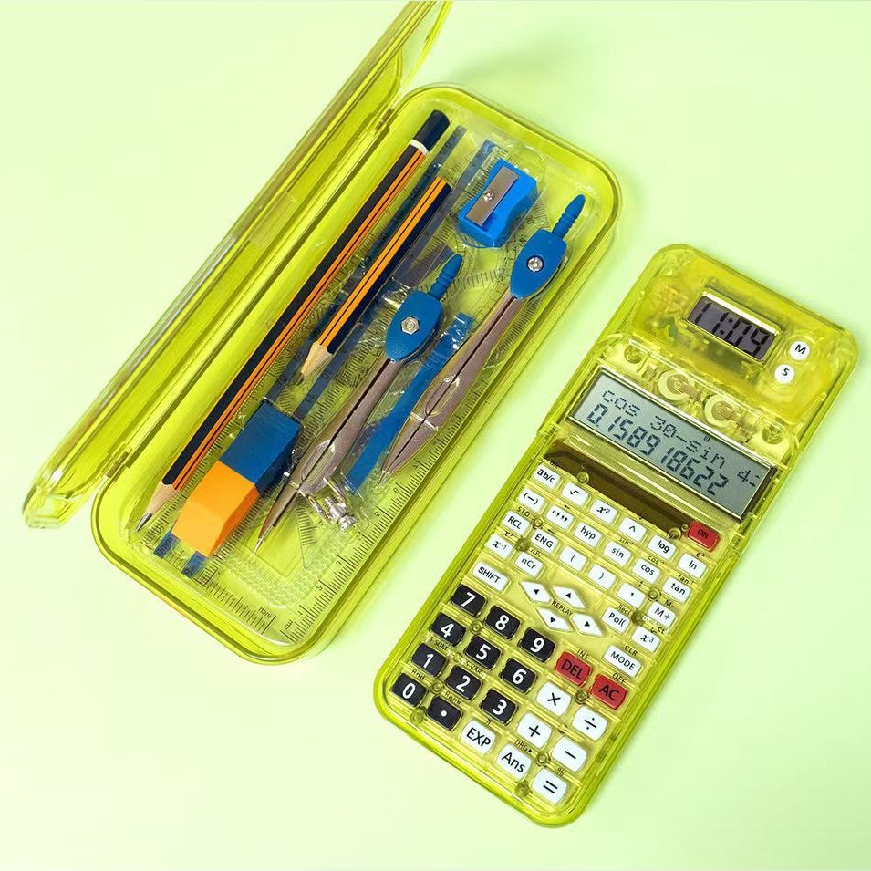 Scientific Computer 82MS Function Calculator Student Transparent Stationery Case Pencil Case Multifunctional Clock