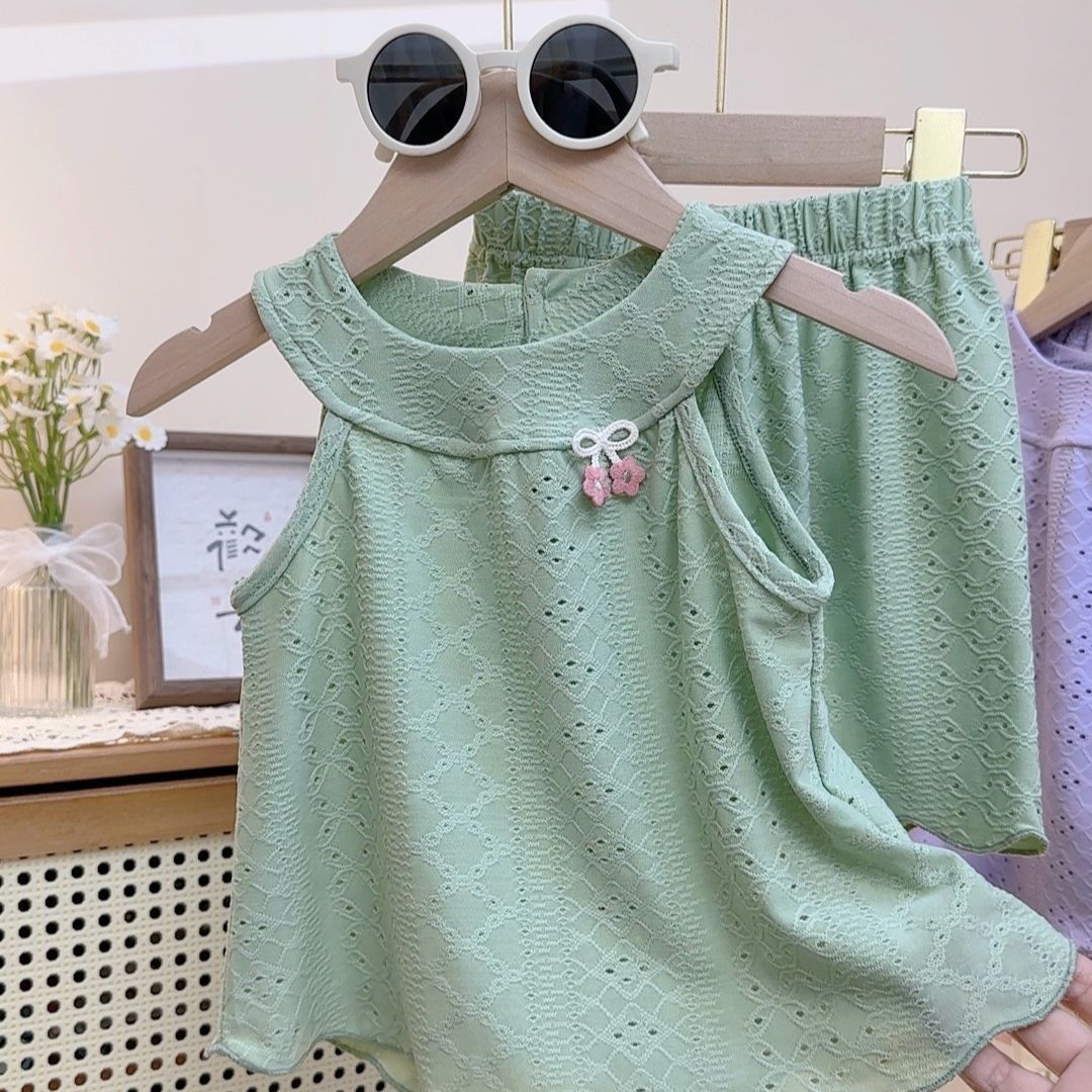 2 Kids Hollow Out Jacquard Breathable Mesh Tops Girls Camisole Skirt Pants Sets Summer New Baby Korean Ruffle Edge Vest Set