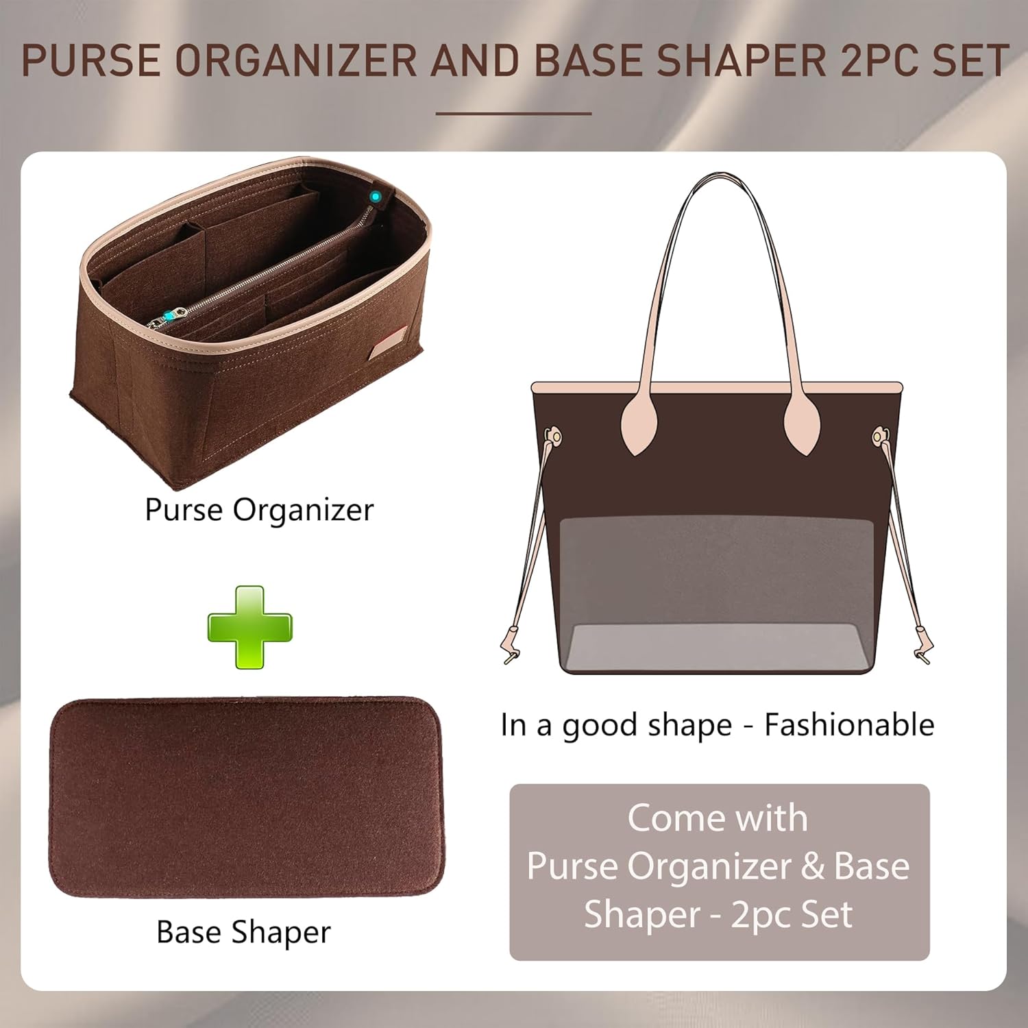 Doxo Purse Organizer Insert for Handbags & Base Shaper 2pc Set with Zipper, Felt Bag Organizer for Tote, Purse Organizer for LV Speedy 25/30/35 Neverf