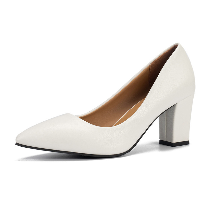 Women's White Block Heels Elegant Point Toe Slip On Pumps Women's Fashion Solid Color Dress Heels