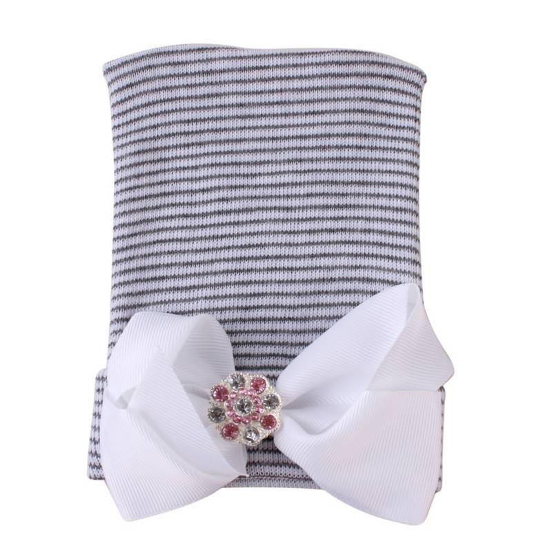 Big bow tie shiny diamond Pink Stripe girl baby knitting hat newborn baby Pullover hat
