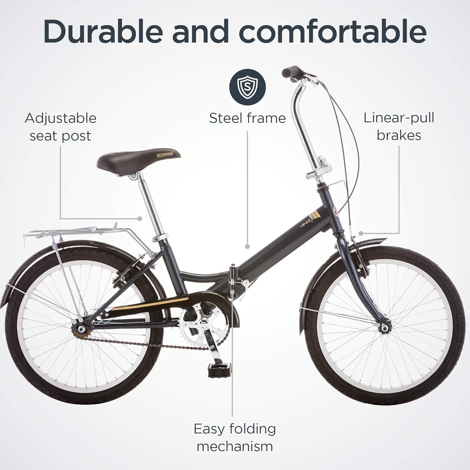 Schwinn Hinge Adult Folding Bike, 20-inch Wheels, Rear Carry Rack, Carrying Bag, Multiple Colors