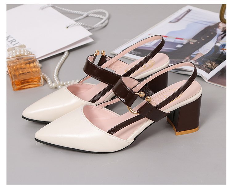 2023 Spring/Summer New Single Shoe Women's Pointed Thick Heel Baotou Women's Shoes Mid Heel Button High Heel Shoes