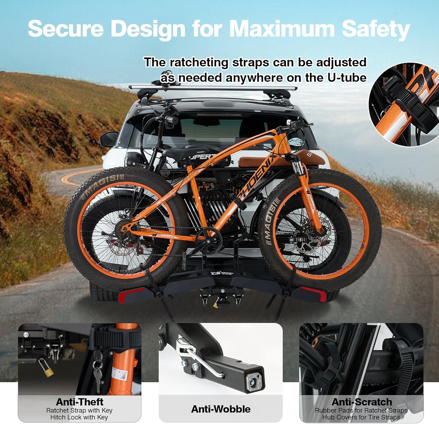 Ebike Rack with Ramp for 2 E-Bikes 200 lbs Capacity Fits 5" Fat Tire, Hitch Bike Rack for Cars SUVs Trucks with 2" Receiver, Foldable Tilting Locking