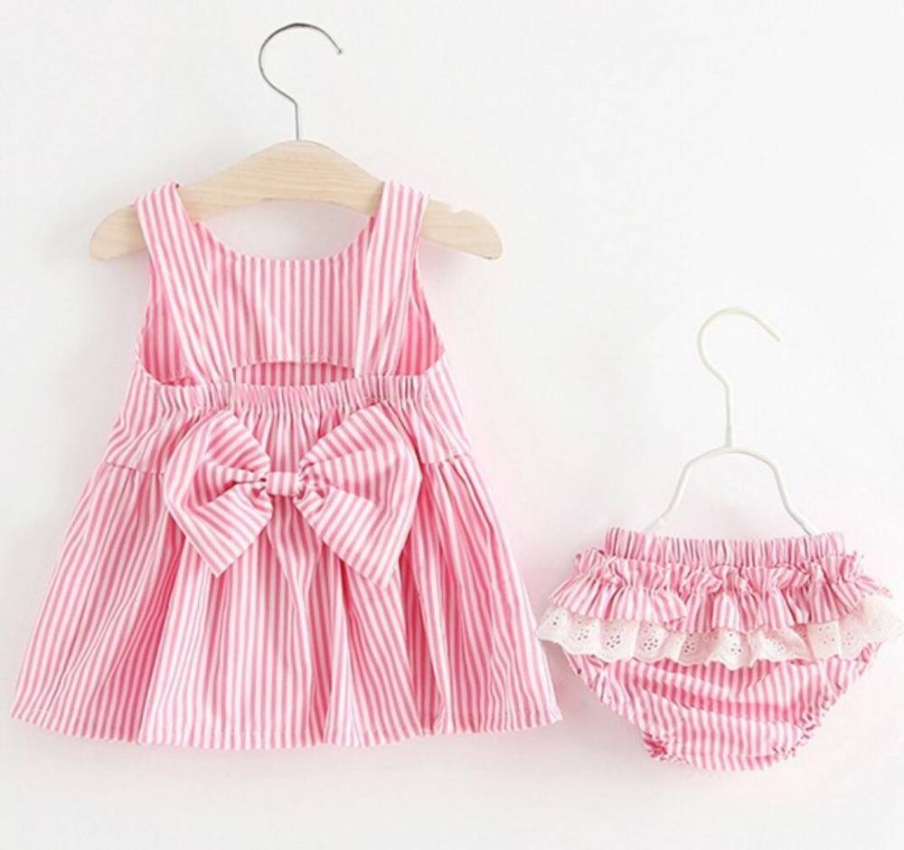 Baby Girls Newborn Dress Clothes New Cute Bowknot Striated Sleeveless Girl Dress + PP Pants infant 2pcs Clothing Sets Kids