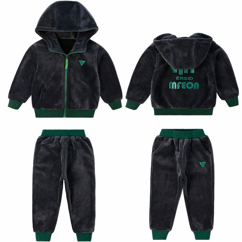 Children Clothing Set Double-sided Velvet Fashion Letter Hooded 2PCS Hoodies Coat Pants Kids Boys Tracksuit for Autumn Winter