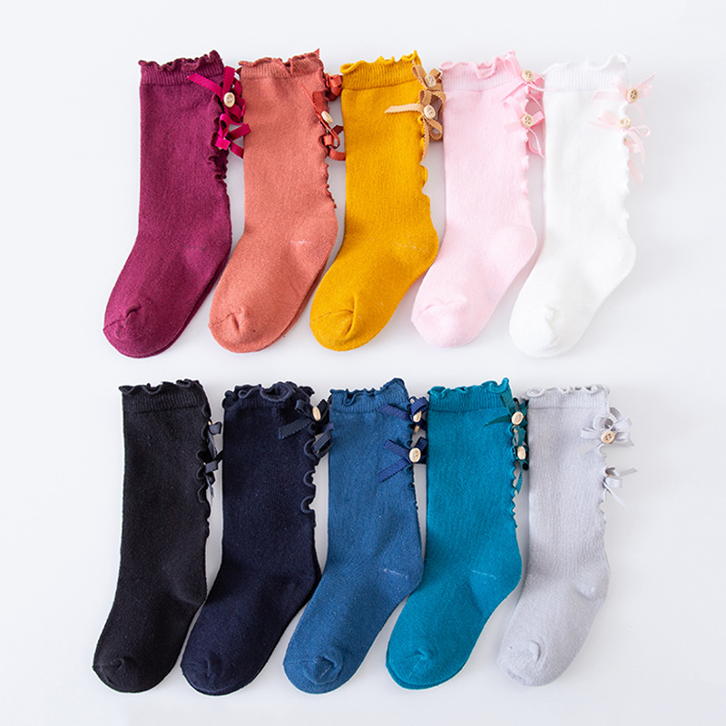 Spring and Summer Bow Fungus Baby Tube Children Socks Cotton Long Tube Girls Lace Socks