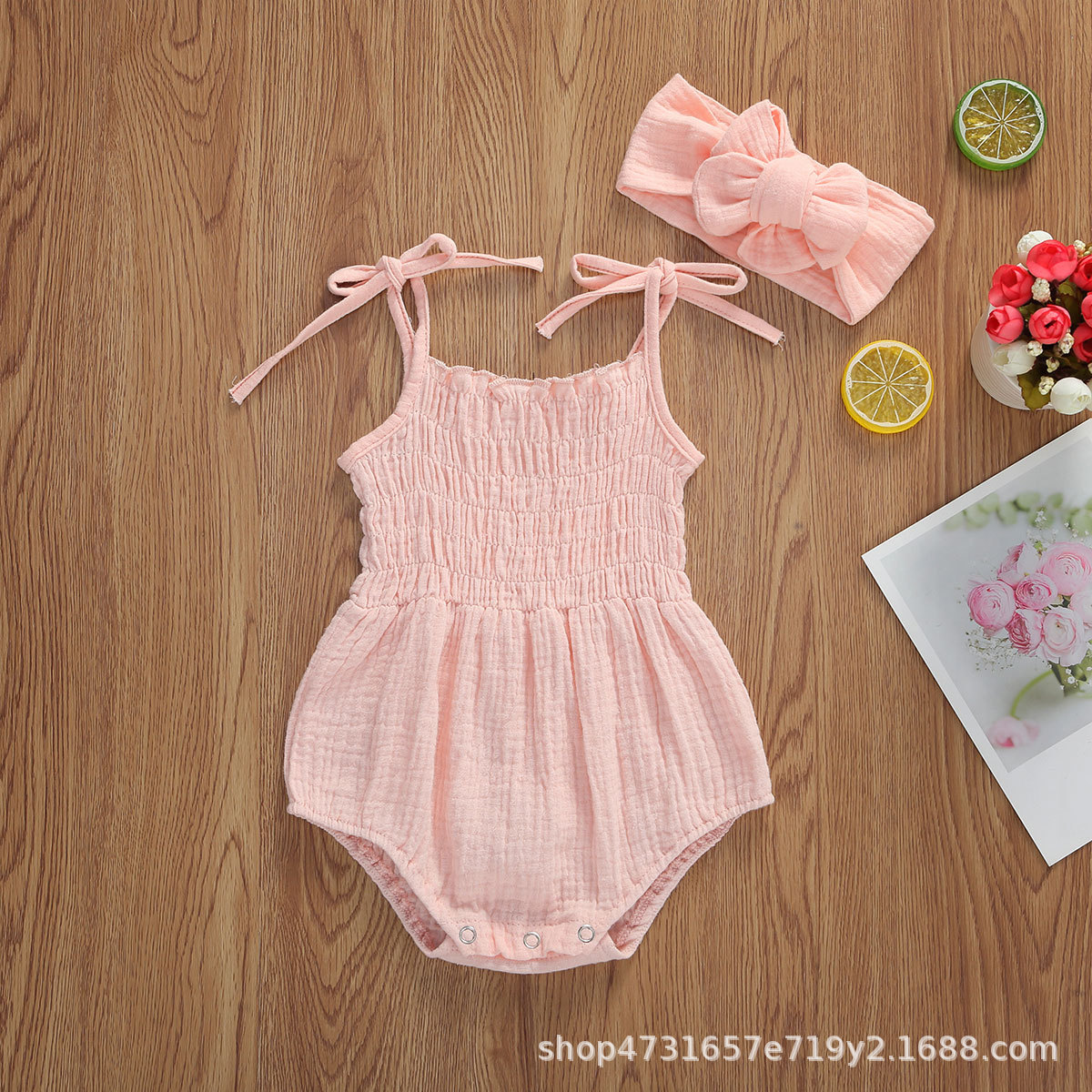 Summer Solid Newborn Baby Girls Cotton Linen Bodysuits Sleeveless Strap Jumpsuits+Headband 2Pcs Outfits Beachwear