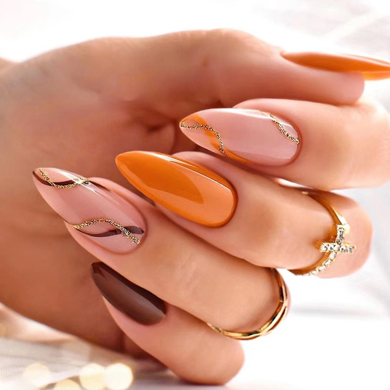 24PCS Fake Nails With Double-sided glue Almond Shape Color Wave Detachable French Stick on Nails Coffin Flame Press on Nails Art