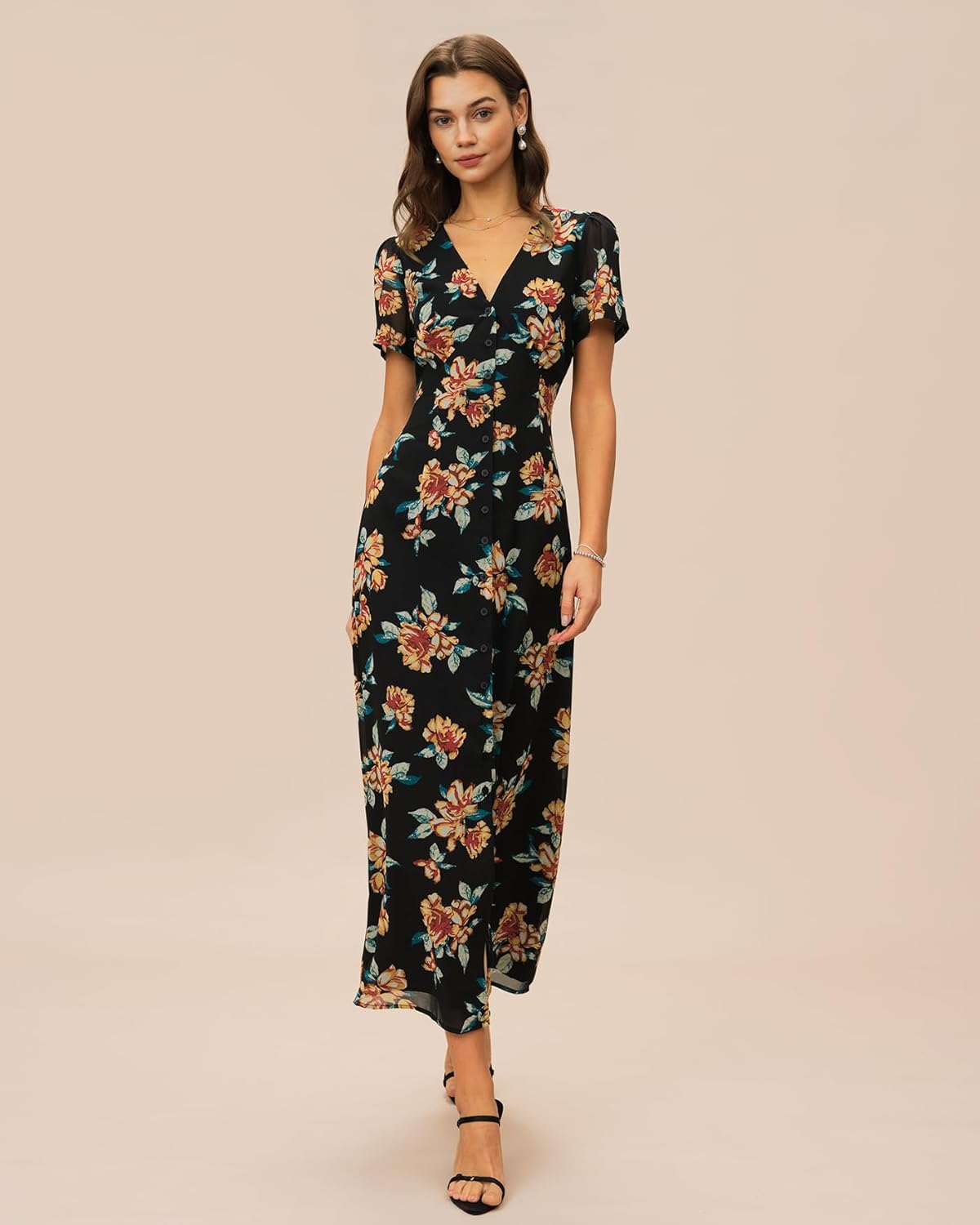 RIHOAS Women's Boho V Neck Floral Maxi Dress - Elegant Flowy Short Sleeve | Summer Beach Wedding Guest Formal Vestido Black