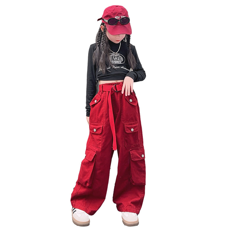 Girls Cargo Pants Loose Casual Fashion Children Trousers Pockets Design Trendy Cool Streetwear Teen Kids Pants 13 14 Years