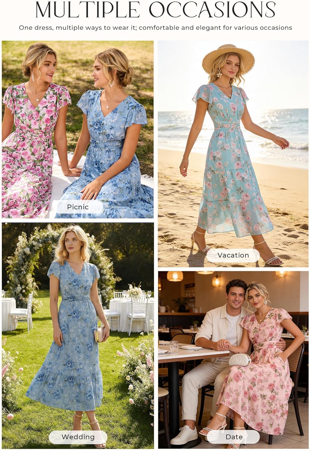 GRACE KARIN 2026 Women Summer Dress,Maxi Short Sleeve Floral Dresses,Semi Formal Flowy Wedding Guest Dress with Pocket