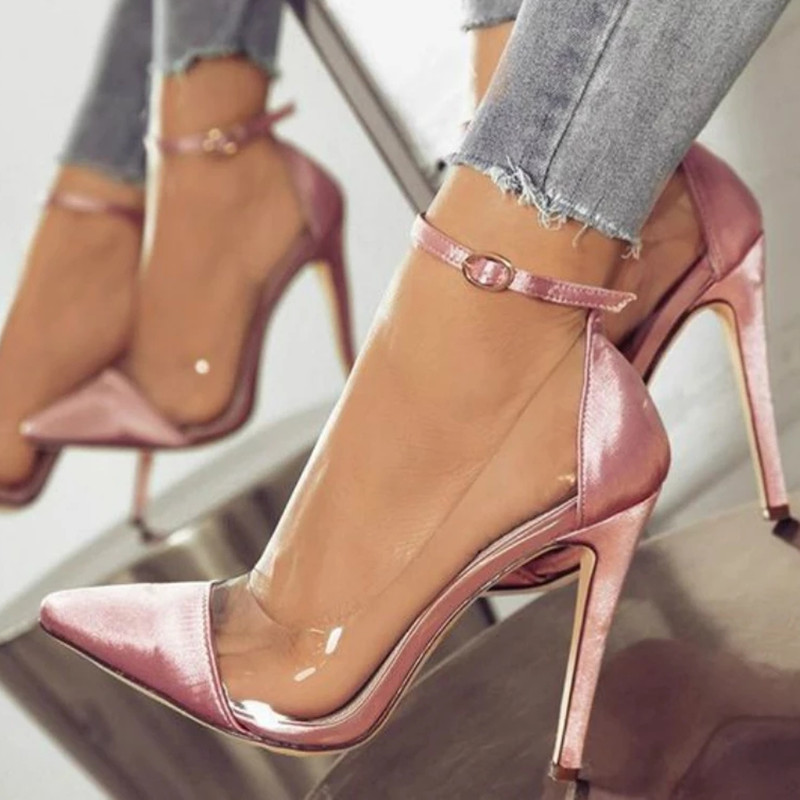 2023 European and American new style high heels pointed toe color matching belt buckle fashion ladies single shoes