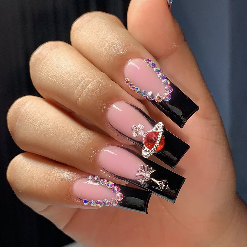 24pcs/box pre design acrylic nail tips Peach Pink French plum blossom drill water drop Ballet False nails coffin manicure