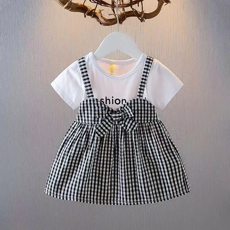 Girls' summer foreign style children's strap plaid skirt baby cotton vest dress