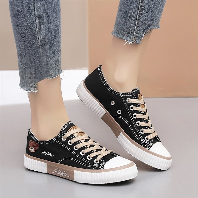Women's Color-block Lace-up Canvas Shoes Cute Bear Pattern Flat Casual Shoes