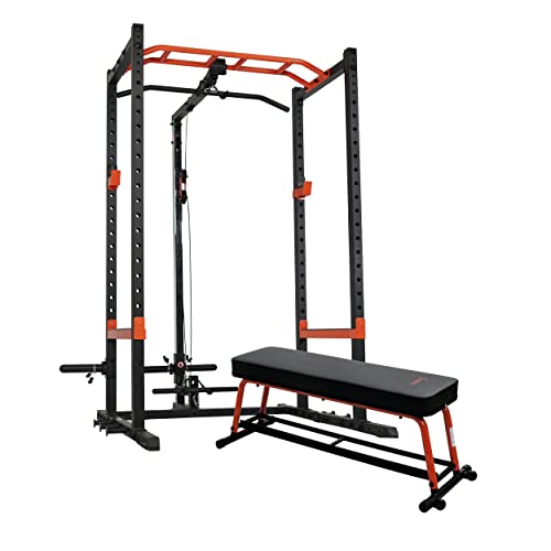 Sunny Health & Fitness Ultra Durable Power Zone Strength Rack Power Cage High Weight Capacity with Optional LAT Pull Down, Flat Bench