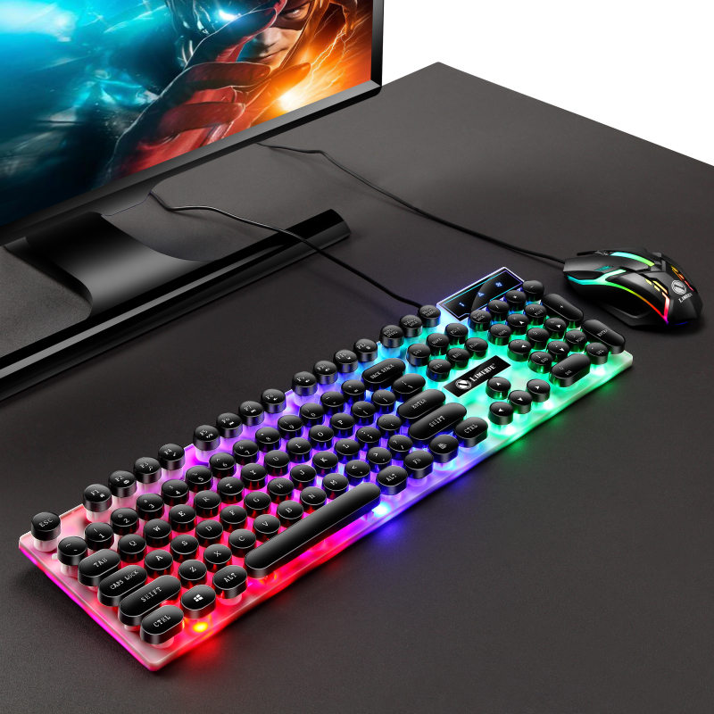 GTX300 Typewriter Keyboard and Mouse Set Punk Retro Keyboard Backlit Game USB Wired Keyboard and Mouse Set for PC Desktops